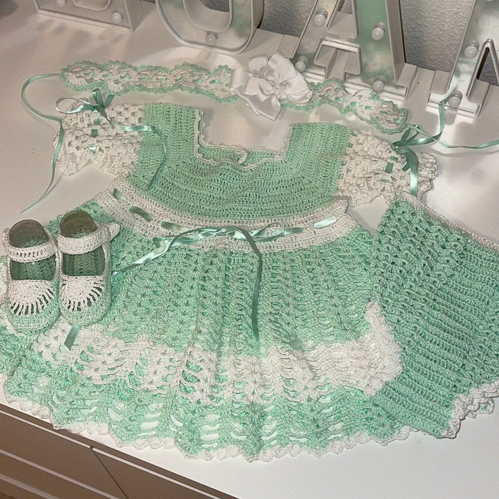 Hand made crochet mint green infant dress set